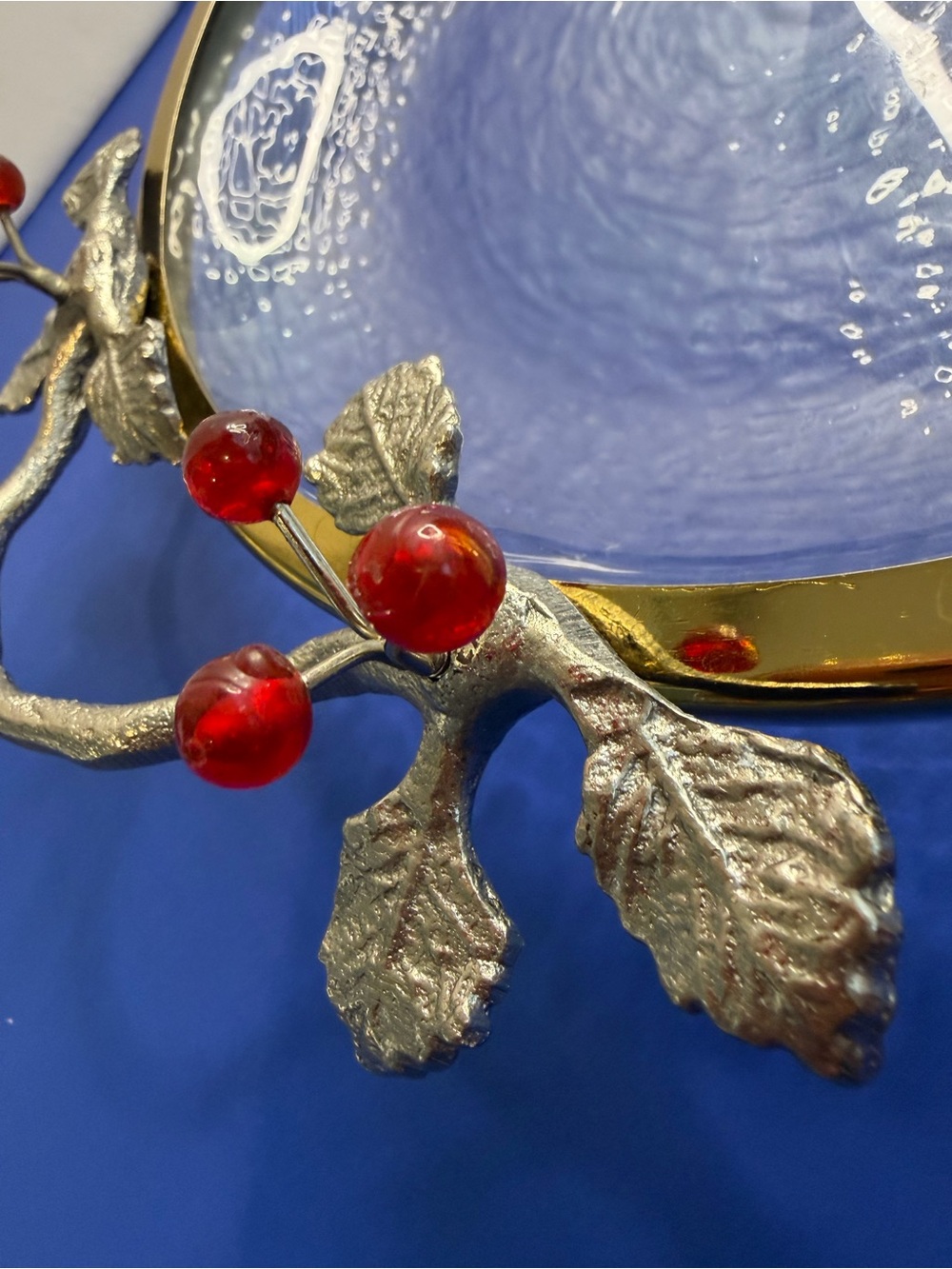 Vtg Clear Glass Dish, Sculptured, Metal Frame 
adorned With Red Berries READ - Picture 13 of 16